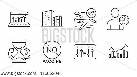 No Vaccine, Time Management And Hourglass Line Icons Set. Confirmed Flight, Web Analytics And Dj Con