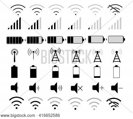 Set Of Vector Icons. Wi-fi Network, Battery Charge, Mute,
Communication Signal. Wireless Internet. C