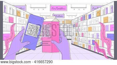 Hands Scanning Qr Code On Milk Package Electronic Digital Technology Definition Of Product