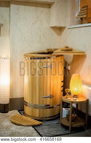 Mini Phyto Sauna - Cedar Barrel. Spa Treatments. Wooden Bath. Health Concept, Take Care Of Your Body