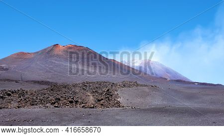 Mount Etna In Sicily Near Catania, Tallest Active Volcano In Italy And Whole Europe. Traces Of Volca