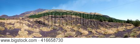 Mount Etna In Sicily Near Catania, Tallest Active Europe Volcano In Italy. Panoramic Banner Composit