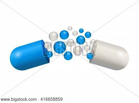 Pill Vector Icon, Drug Tablet, Capsule Mockup Isolated On White Background. Blue And White Bubbles. 
