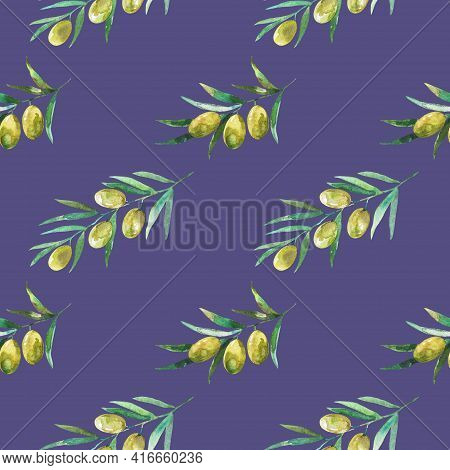 Seamless Pattern With Olive Branches And Olives. Watercolor Hand Drawing