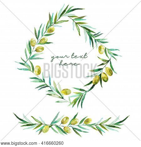 Seamless Pattern With Olive Branches And Olives. Watercolor Hand Drawing