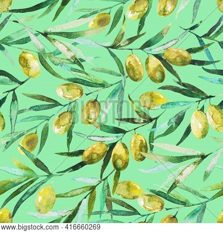 Seamless Pattern With Olive Branches And Olives. Watercolor Hand Drawing