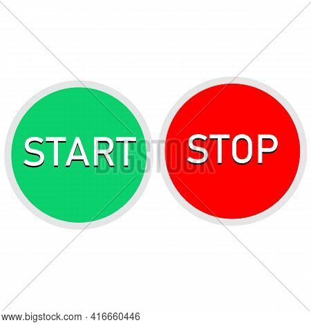 Red And Green Button On White Background. Start And Stop Button Set. Round Web Buttons.
