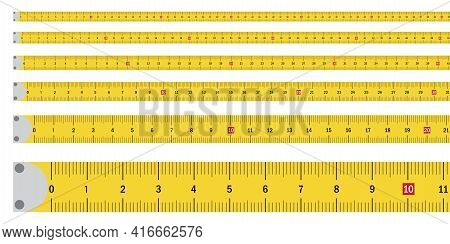 Flat Closeup Of Yellow Roulette Tape Set. Flat Vector. Stock Image. Vector Illustration. Eps 10.