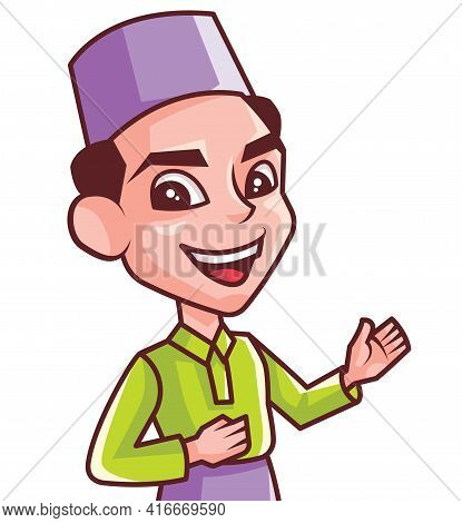 Smiling Smiling Young Muslim Man With Songkok Malay Costume Presenting And Pointing Something On Whi