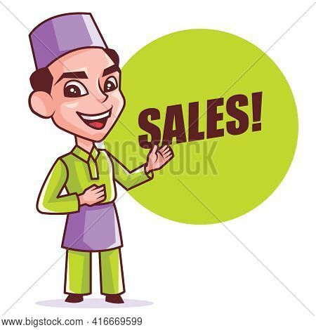 Ramadan Kareem Promotion. Cartoon Smart Young Muslim Man In Songkok Introducing And Pointing Big Sal