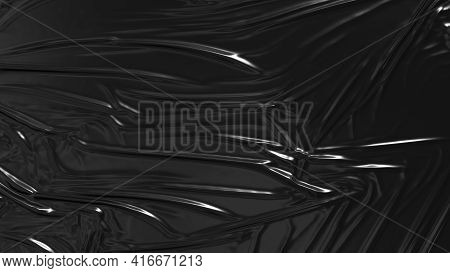 Black Wrinkled Plastic Wrap. Glossy Cloth Background. 3d Render.