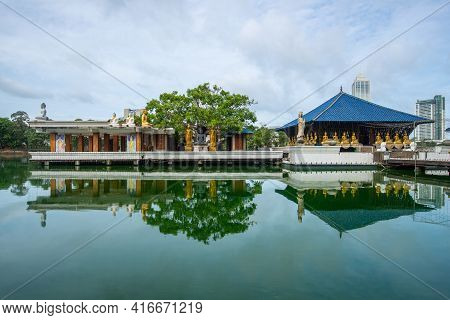 Beautiful Reflection Of Seema Malaka Buddhist Temple In The Beira Lake In Colombo, Sri Lanka. Seema 