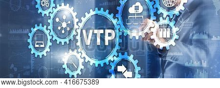 Vlan Trunking Protocol. Technology Networks Cocept. Blue Background