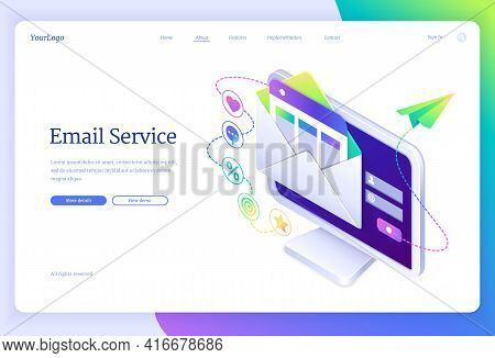 Email Service Isometric Landing Page With Letter Envelope On Computer Desktop. Electronic Messages A