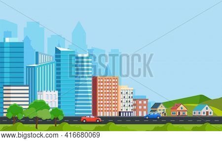 Landscape With Buildings, Mountains And Hills. City Concept And Suburban Life. City Street, Large Mo