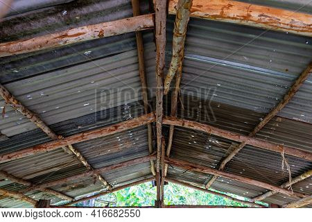 Steel Roof Structure. Moonlight Bulb. Steel Structure With Roof Tiles. Architectural Structure Of Ro