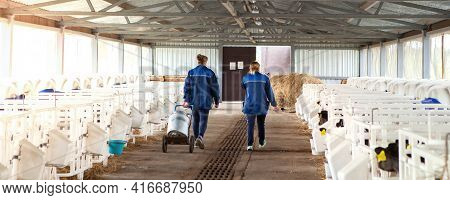 Belarus, Vitebsk Region, March 31, 2021. Two Female Workers Working On A Dairy Farm Walk Along The P