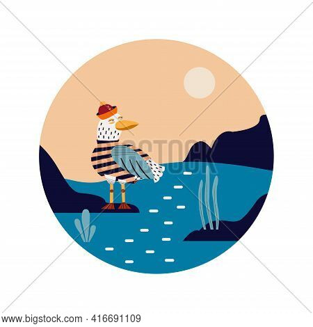 Vecton Illustration. Abstract Composition In A Circle. Decorative Seagull In The Background Of The L