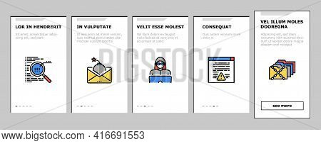 Internet Security Onboarding Mobile App Page Screen Vector. Internet Ddos Computer Attack And Flash 