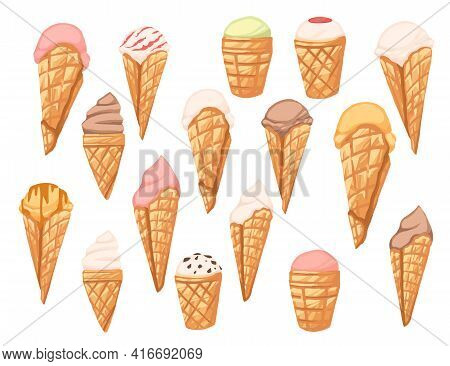 Big Collection Ice Cream Cones With Different Fillings Vector Illustration Isolated On White Backgro