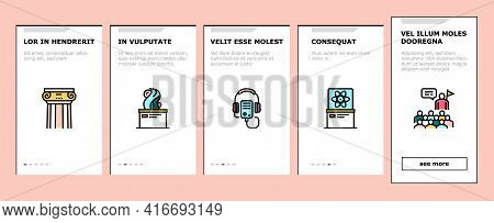 Museum Gallery Exhibit Onboarding Mobile App Page Screen Vector. Museum Building And Paint, Sculptur