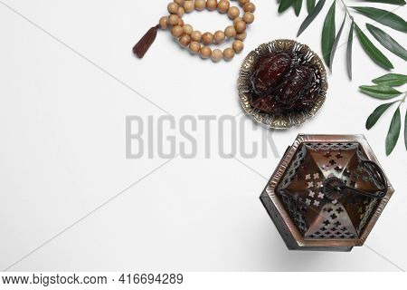 Arabic Lantern, Dates And Misbaha On White Background, Top View