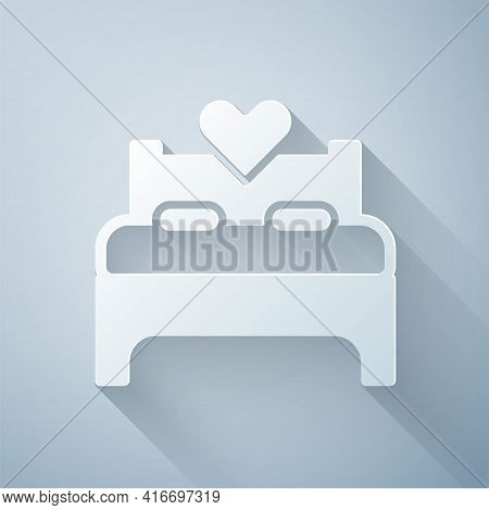 Paper Cut Bedroom Icon Isolated On Grey Background. Wedding, Love, Marriage Symbol. Bedroom Creative