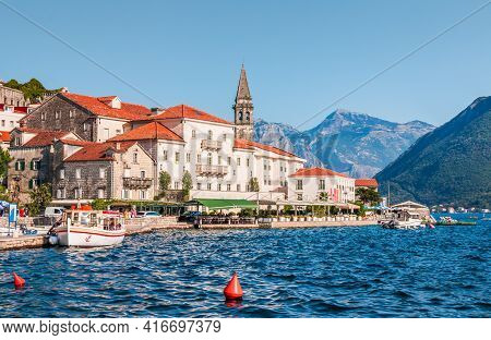 Perast, Montenegro. View Of The Historic Town Of Perast At The Bay Of Kotor.