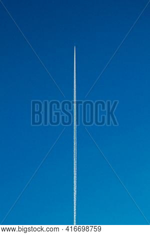 Plane In Blue Sky, Straight Line. Quality Photo
