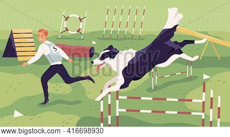 Young Canine Trainer Playing With Active Agile Dog On Playground. Scene With Pet Owner Training His 