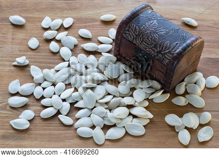 Pumpkin Seeds Are Scattered On The Table With A Chest