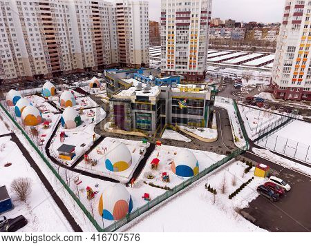 Tyumen, Russia - March 29, 2021: Modern Kindergarten Number 186 With Playground