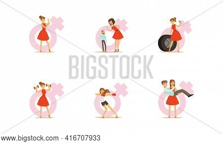 Strong Woman Character In Red Dress Set, Girl Changing Tire Wheel, Doing Sports, Carrying Weak Man O