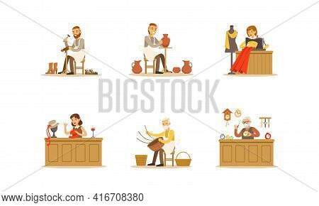 People Of Creative Professions Set, Potter, Seamstress, Hat Designer, Watchmaker Cartoon Vector Illu