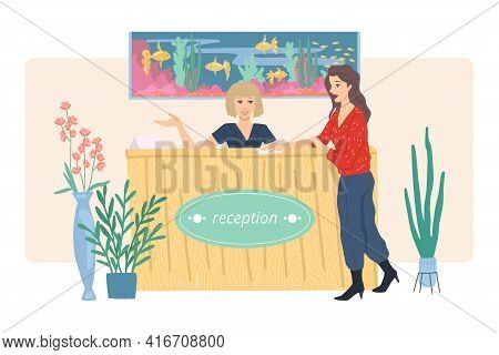 Woman Is Talking To The Receptionist At The Reception. Reception With An Aquarium. Check In At A Hot
