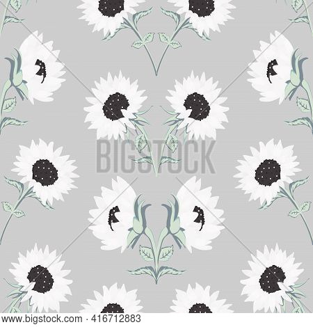 Vector Elegant Symmetrical Sunflower Composition On Gray Seamless Pattern Background. Perfect For Fa