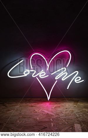 White And Pink Neon Heart With The Inscription Love Me. Trendy Style. Wedding Design Neon Sign. Cust
