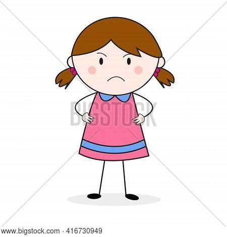 Stick Girl Doodle With Frown Face Cartoon Vector
