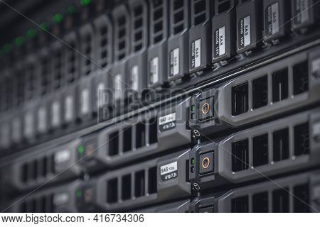Storage Server With Many Hdd Disks Inside Rack In Server Room - Data Center Concept