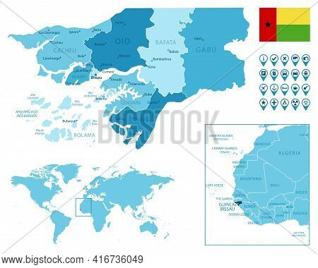 Guinea-bissau Detailed Administrative Blue Map With Country Flag And Location On The World Map. Vect