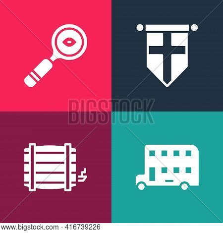 Set Pop Art Double Decker Bus, Wooden Barrel, England Flag On Pennant And Magnifying Glass Icon. Vec
