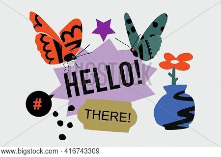 Hello There Banner Template With Butterflies, Abstract Vase, Stickers, And Flower. Vector Flat Carto
