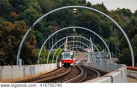 Prague, Czech: 02 July 2018: High-speed Tram Line To The Barrandov Neighborhood. Transport Engineeri