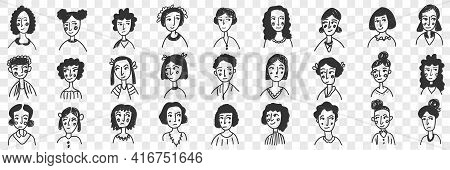 Hairstyles Of Brunette Women And Men Doodle Set. Collection Of Hand Drawn Female And Male Faces With