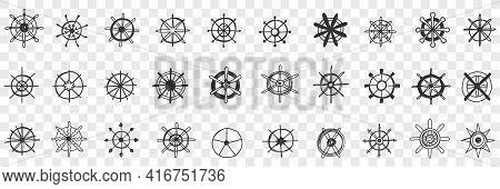 Steering Wheel Assortment Doodle Set. Collection Of Hand Drawn Various Styles Of Circle Steerings Wh