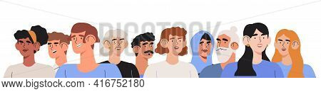 Portrait Of Diverse People Standing Together. Group Of Man And Woman Of Different Nationality, Ages 