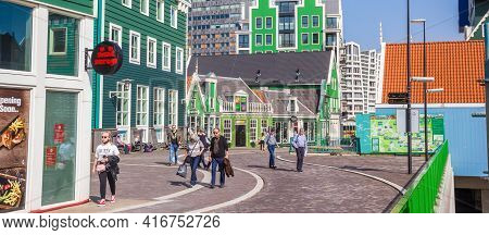 Zaandam, Netherlands - March 31, 2021: Panorama Od The Colorful Stadhuisplein Square In Zaandam, Net