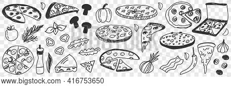 Ingredients For Pizza Doodle Set. Collection Of Hand Drawn Tasty Cheese Vegetables Onion Pepper Sala