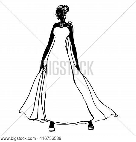 Fashion Hand Drawn Illustration. Vector Sketch. Long Dress. Bride, Party. Stock Vector Illustration.