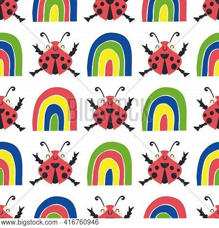 Cute Ladybirds And Rainbows Seamless Vector Pattern Background. Happy Dancing Ladybugs In Childlike 